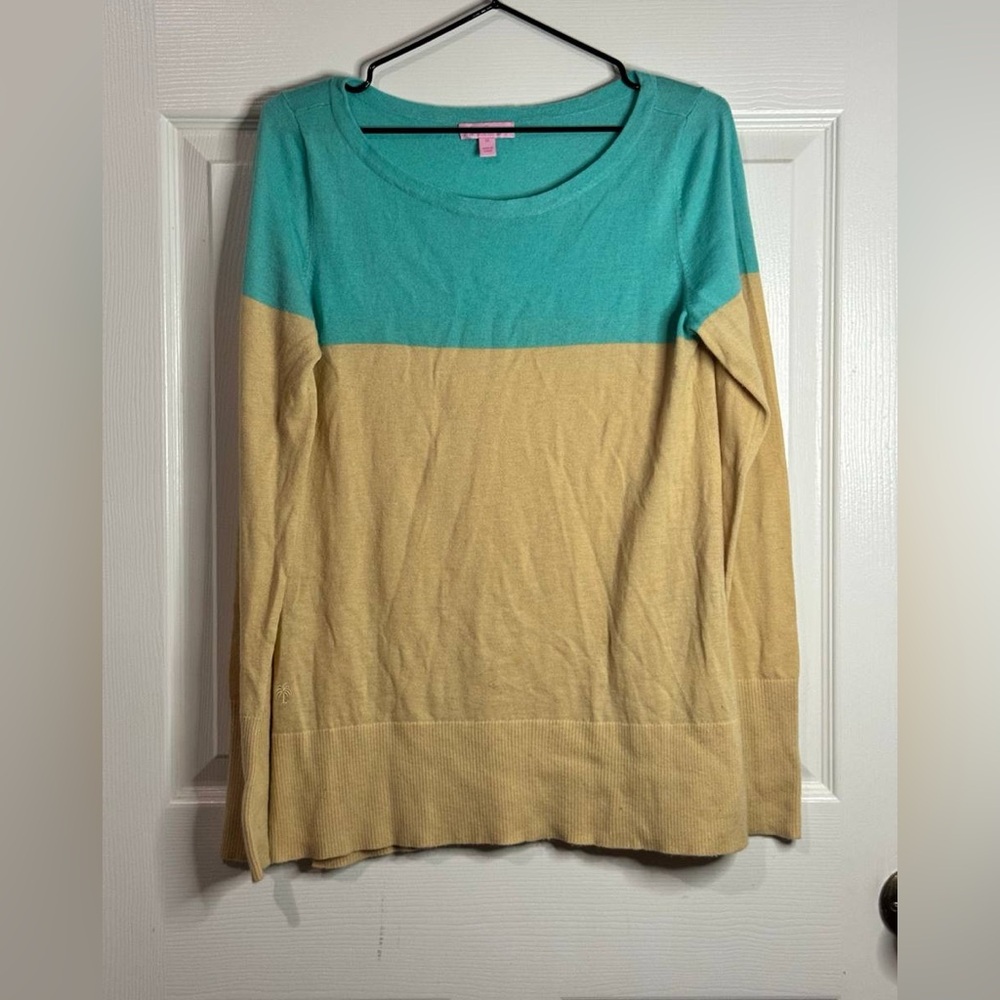 Lilly Pulitzer Debra Sweater Turquoise Blue & Tan Colorblock Long Sleeve Medium